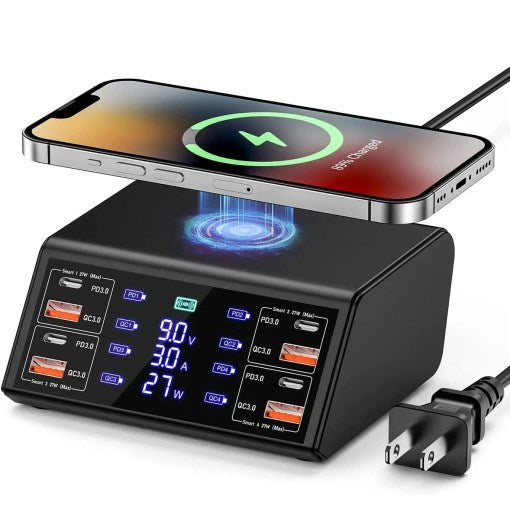 100W 8-Port Charging Station For Multiple Devices With 4 USB QC 3.0 + 4 Type-C PD Ports Wireless Fast Charging Hub